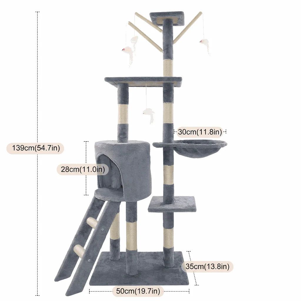 138cm Cat Tree Tower in grey fabric and cream sisal, with multiple platforms, a cubby, hammock, ladder and dangling toys