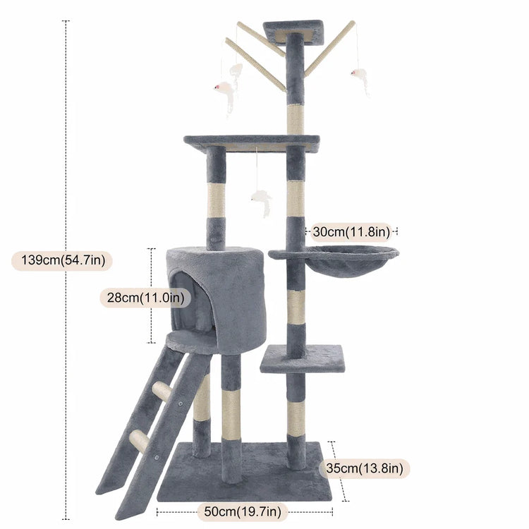 138cm Cat Tree Tower in grey fabric and cream sisal, with multiple platforms, a cubby, hammock, ladder and dangling toys