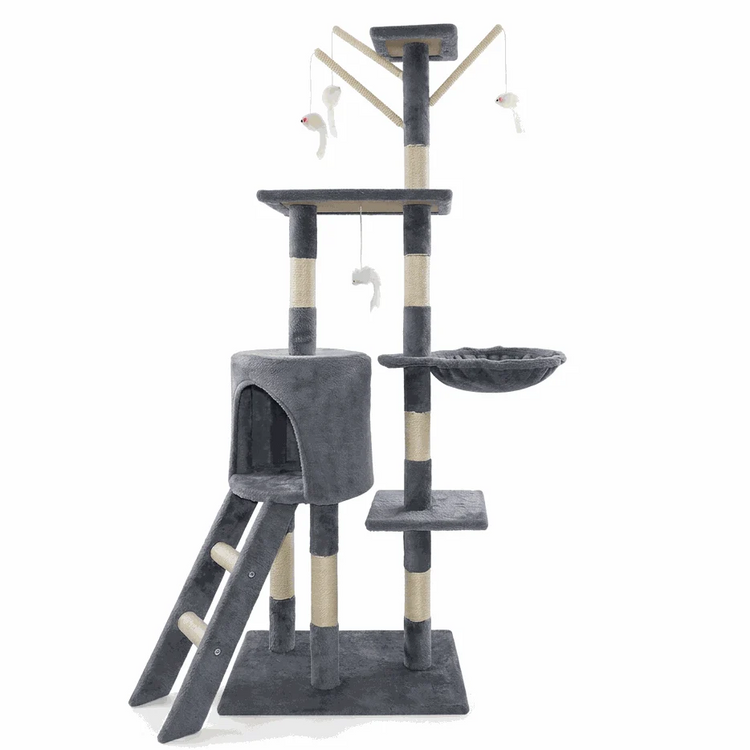 138cm Cat Tree Tower in grey plush with beige sisal posts, multiple platforms, a covered cubby, hammock, ladder and hanging toys