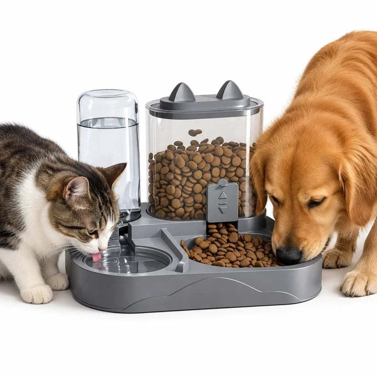 2-in-1 Large Pet Feeder with a gray plastic base, clear food hopper and water bottle, serving a cat and dog