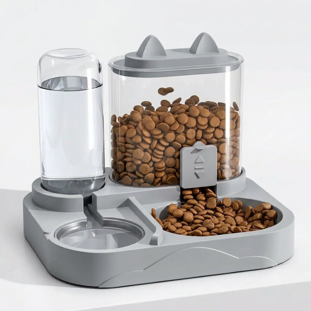 2-in-1 Large Pet Feeder with a grey plastic base, clear water reservoir and food hopper filled with brown kibble