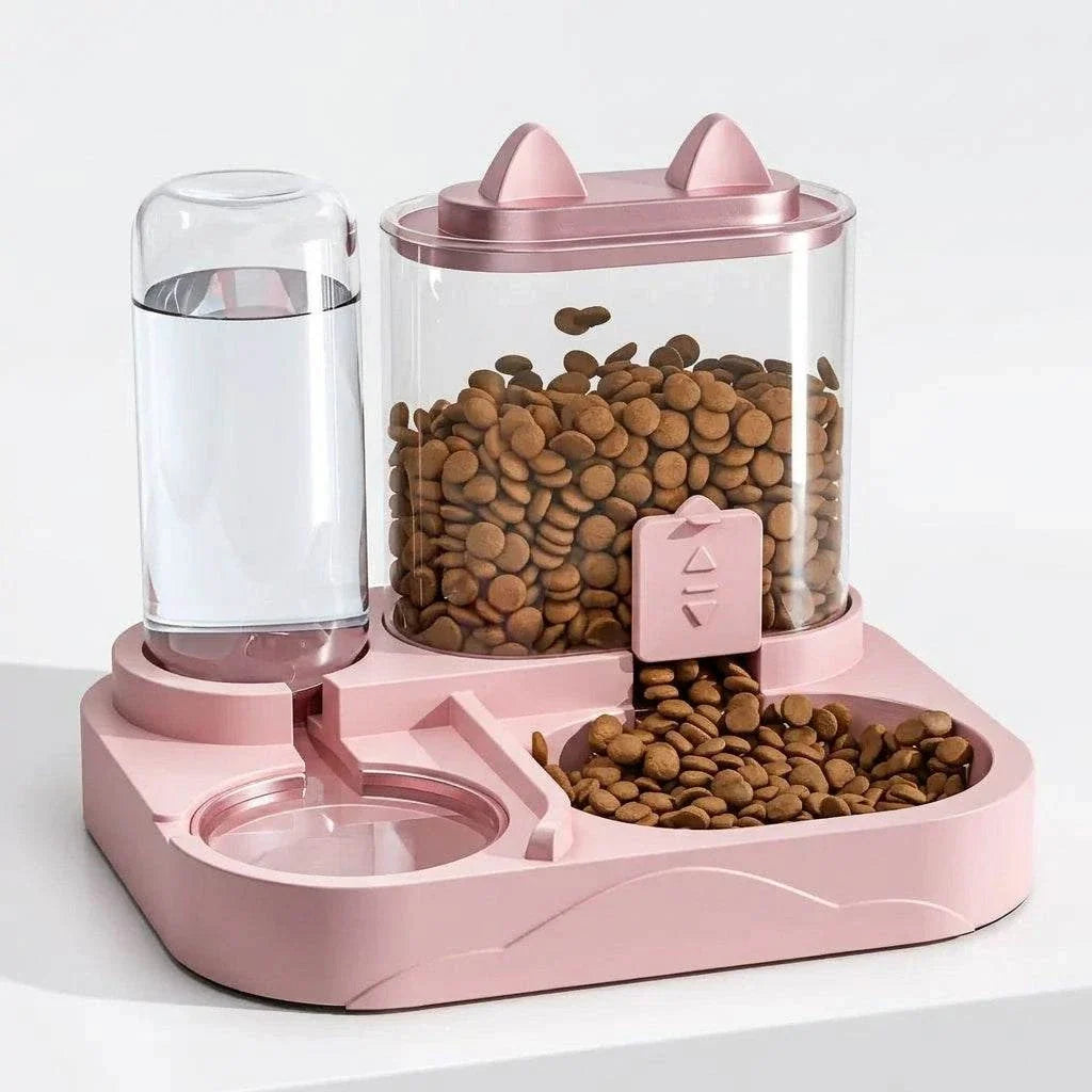 2-in-1 Large Pet Feeder in pink plastic with a clear kibble hopper, gravity water bottle and two feeding bowls