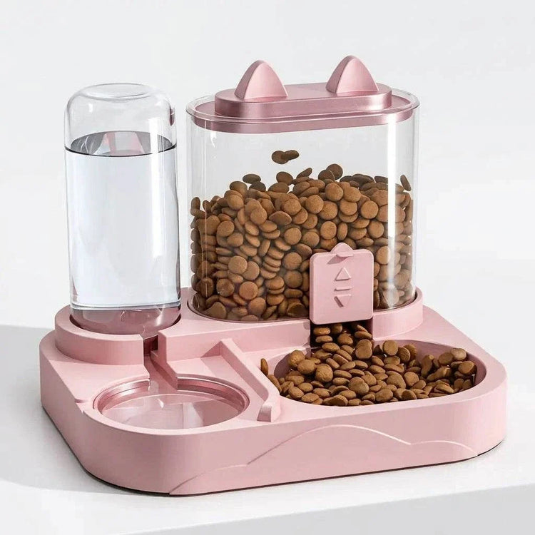 2-in-1 Large Pet Feeder in pink plastic with a clear kibble hopper, gravity water bottle and two feeding bowls