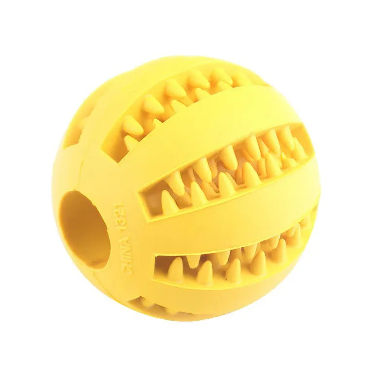 Rubber Treat Feeder ball designed for pet engagement and mental stimulation with textured surface for licking and chewing.