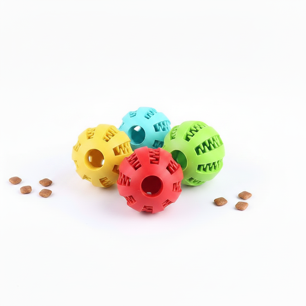Rubber Treat Feeder colorful balls designed for pets with treats scattered around.