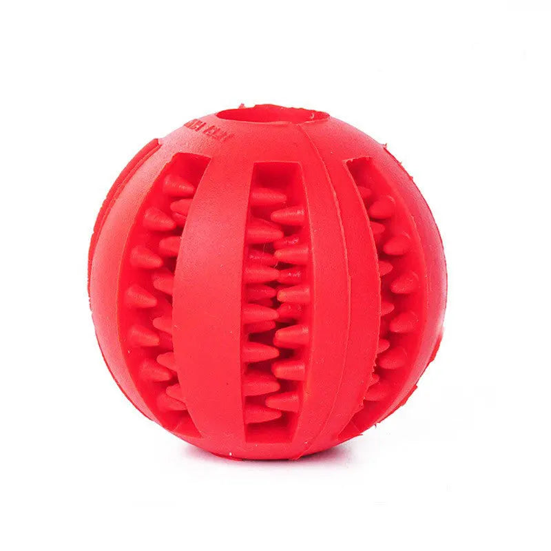 Rubber Treat Feeder designed for pets, featuring a fun red rubber ball with textured surfaces for engaging play.