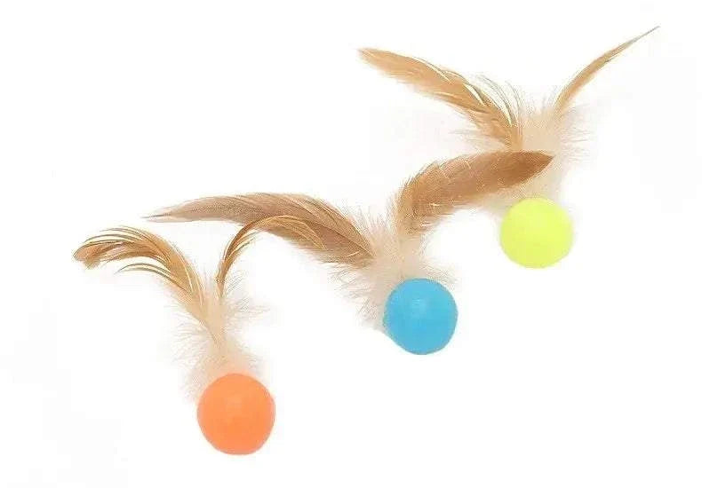 Cat Feathered Ball Toy set with three bright orange, blue and yellow balls, each topped with soft brown feathers