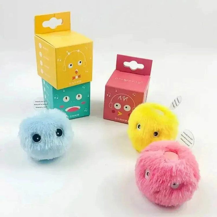 Cat Furry Hunting Balls in blue, yellow and pink plush fur, with round bodies, tiny faces and pull tags