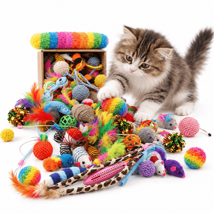 Combination Cat Toys Mixed Pack of colorful plush and plastic balls, feathers, mice, springs and assorted toys with fluffy kitten
