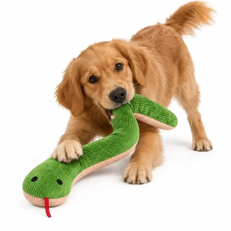 Dog Interactive Snake Toy in green ribbed fabric with a pink underside and stitched face, held by a golden puppy