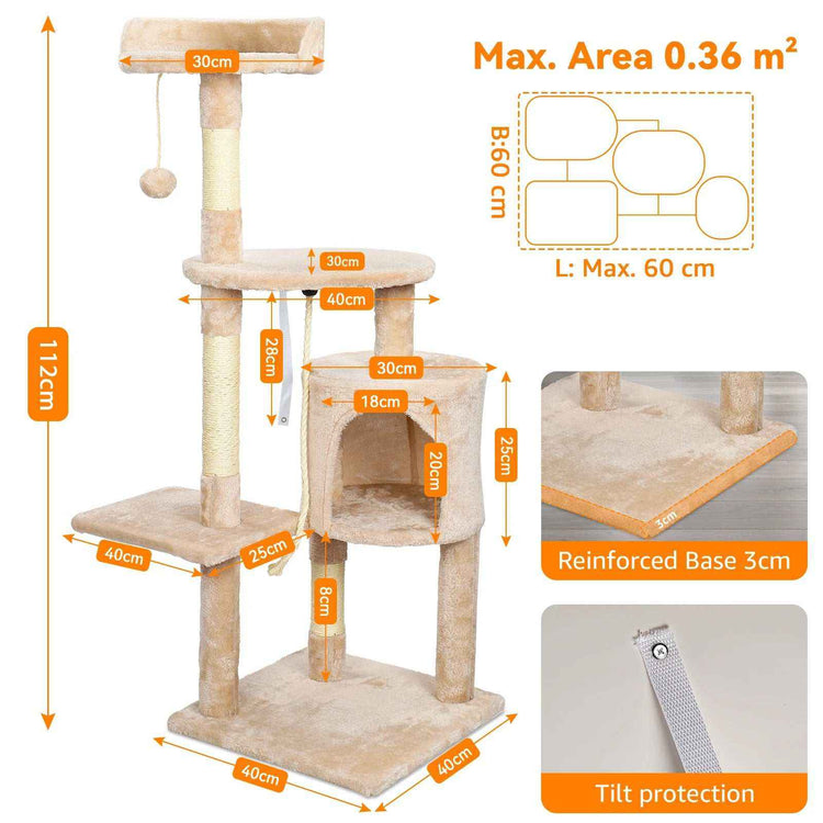 Passerscat Cat Trees beige multi-level cat tree with plush platforms, sisal scratching posts, hanging ball and reinforced base