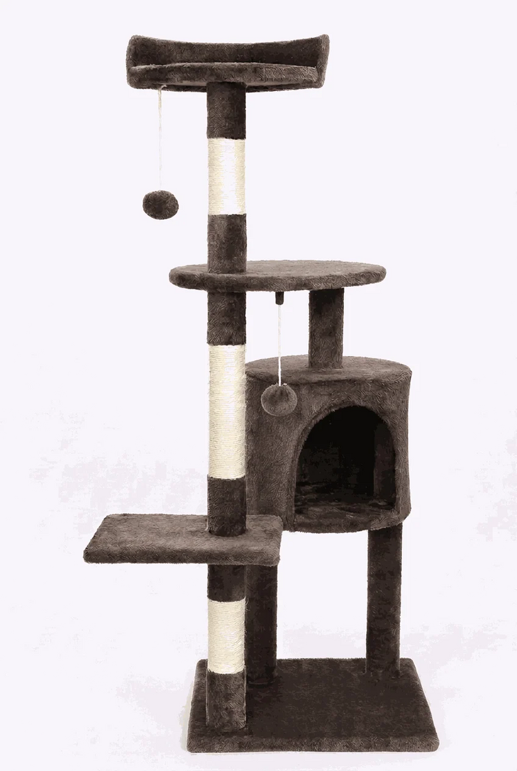 Passerscat Cat Trees multi-level cat tree in dark brown plush with cream sisal scratching posts, a cubby and hanging toys