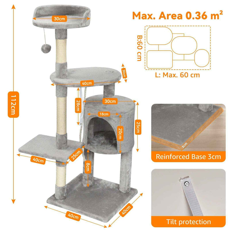 Passerscat Cat Trees multi-level grey plush cat tree with cream sisal scratching posts, platforms, hanging ball and enclosed cubby