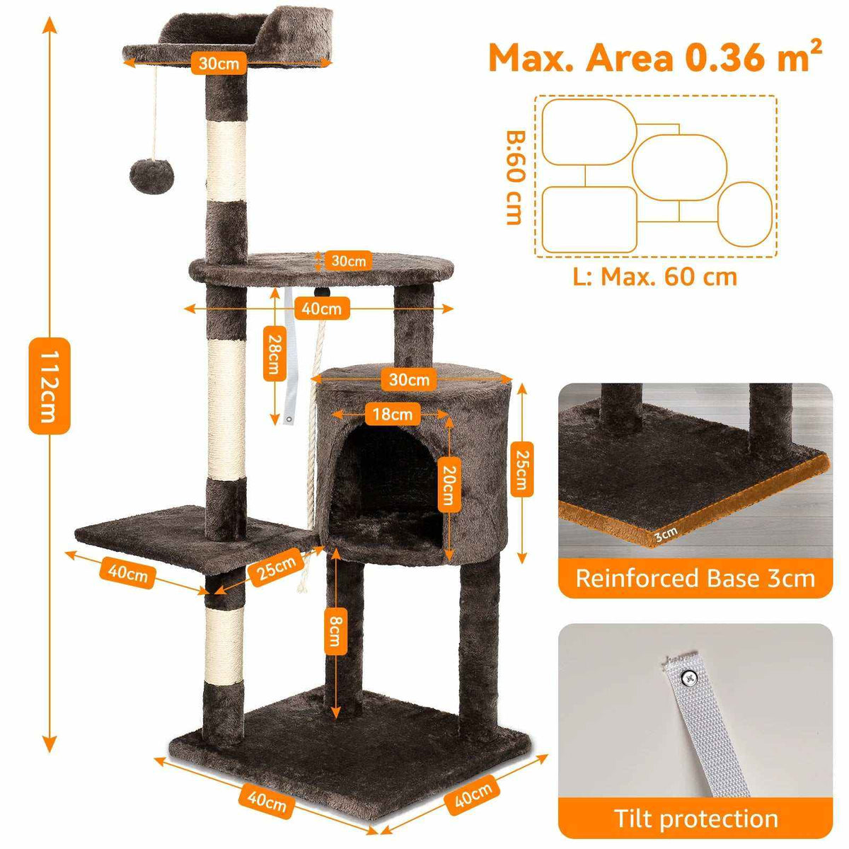Passerscat Cat Trees multi-level cat climbing frame in beige and dark brown plush, with scratching posts, hammock and hideaway