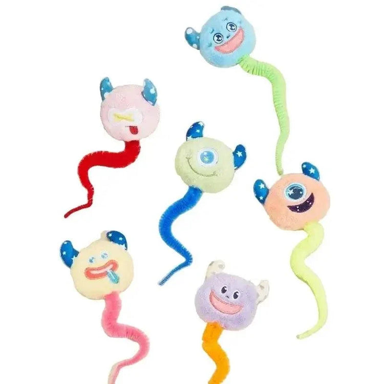 Plush Caterpillar Catnip Toy with colorful cartoon animal heads, blue starry ears, embroidered faces and curly tails