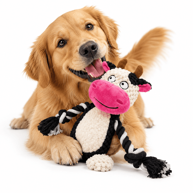 Plush Cow Squeak Toy with cream fuzzy fabric, pink muzzle and ears, brown horns, and black-and-white rope limbs