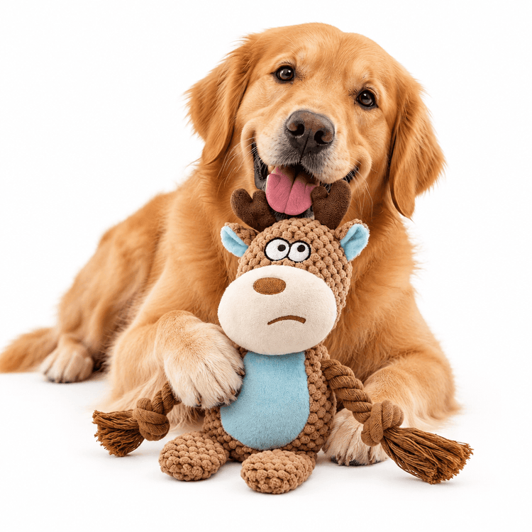 Plush Deer Squeak Toy in brown and blue textured fabric, with antlers, rope limbs and a cream muzzle, held by a dog