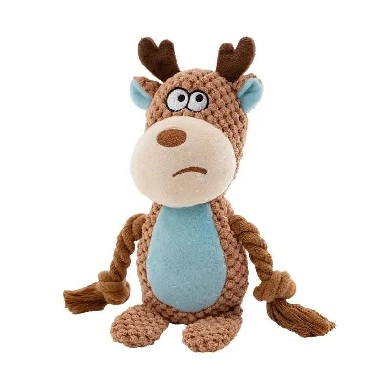 Plush Deer Squeak Toy with a tan textured body, blue belly and ears, brown antlers, and braided rope limbs