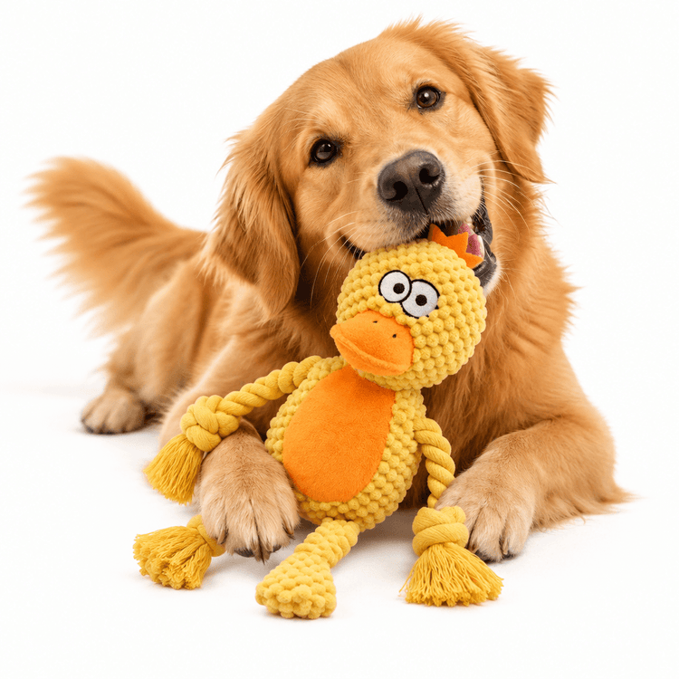 Plush Duck Squeak Toy in yellow textured plush with orange accents, rope limbs and embroidered eyes, held by a golden dog