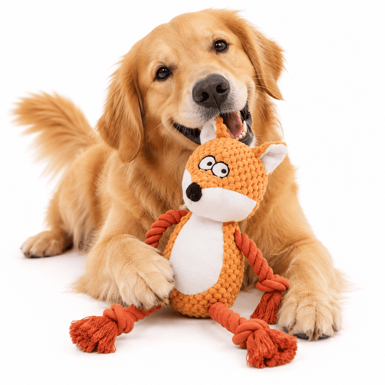 Plush Fox Squeak Toy in orange textured fabric with a white face and belly, black eyes, and red rope limbs