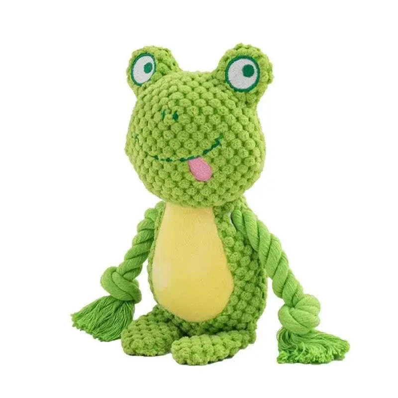 Plush Frog Squeak Toy in bright green textured fabric, with a yellow belly, blue eyes and knotted rope limbs