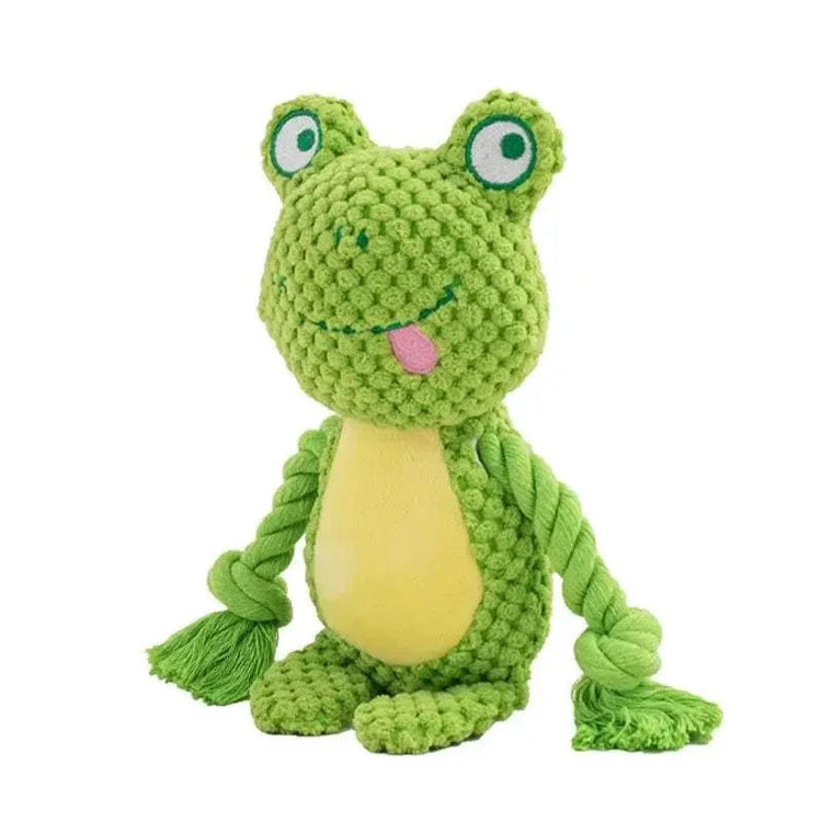 Plush Frog Squeak Toy in bright green textured fabric, with a yellow belly, blue eyes and knotted rope limbs