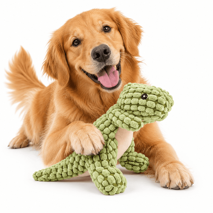 Plush Green Dinosaur chew toy in textured light green fabric with a stitched eye and soft, cuddly shape