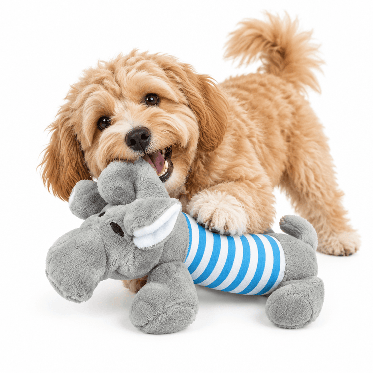 Plush Grey Elephant dog chew toy in soft grey fabric with a blue and white striped body and floppy limbs