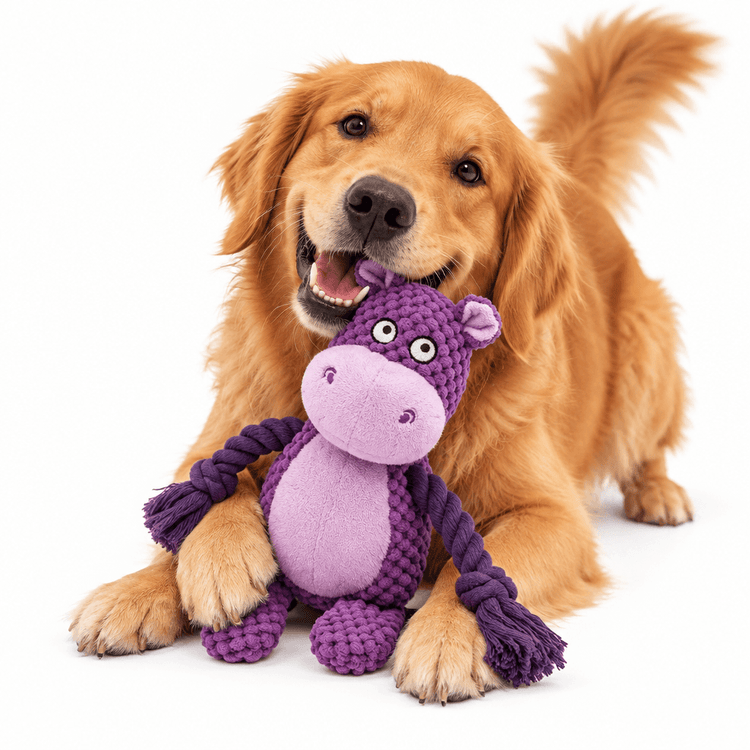 Plush Hippo Squeak Toy in purple textured fabric, with a lavender muzzle, rounded belly and braided rope limbs