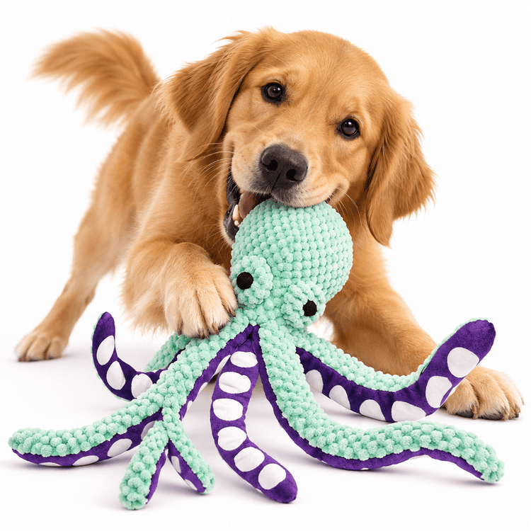Plush Octopus Dog Toy in mint-green textured plush with purple polka-dot tentacles, held by a golden dog