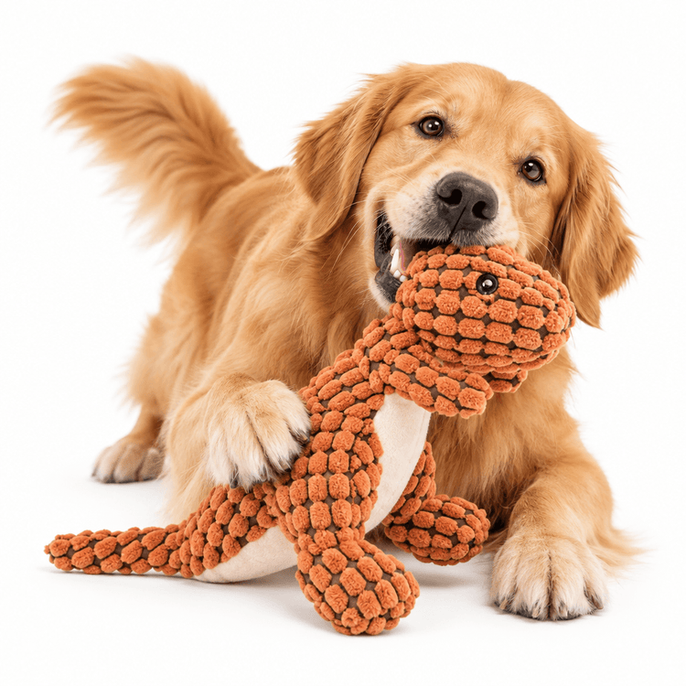 Plush Orange Dinosaur dog chew toy in textured orange fabric, with a white belly, long tail, and small black eyes