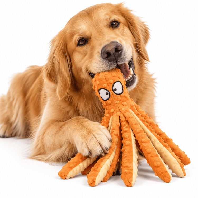 Plush Orange Octopus chew toy in textured orange fabric with cartoon eyes and long dangling tentacles
