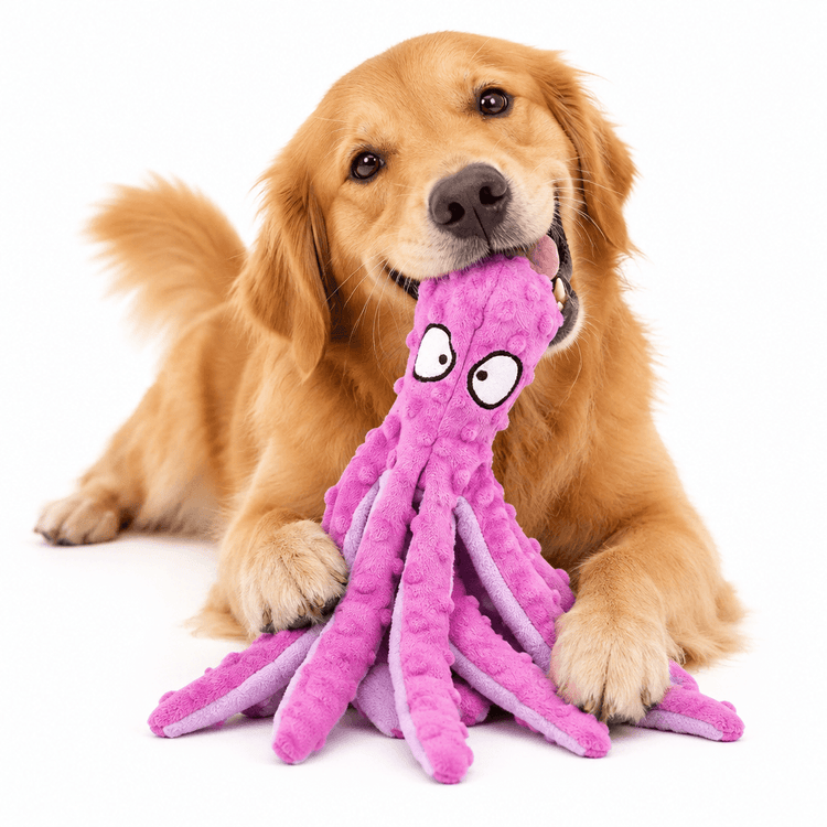 Plush Purple Octopus chew toy in bright pink textured fabric, with cartoon eyes and long floppy tentacles, held by a dog