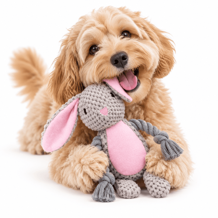 Plush Rabbit Squeak Toy in grey knitted fabric with pink ears and belly, held by a fluffy tan dog