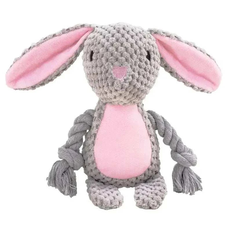 Plush Rabbit Squeak Toy in textured grey fabric with pink ears and belly, knotted rope arms, and embroidered face