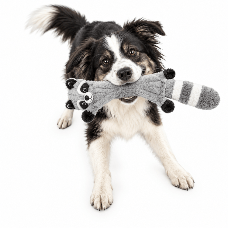 Plush Raccoon Chew Toy in soft gray fabric with a striped tail and black details, held in a dog's mouth