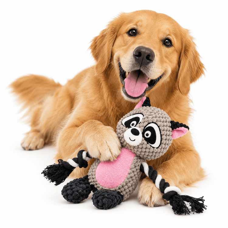 Plush Racoon Squeak Toy in grey textured fabric with a pink belly, black-and-white face, and rope limbs
