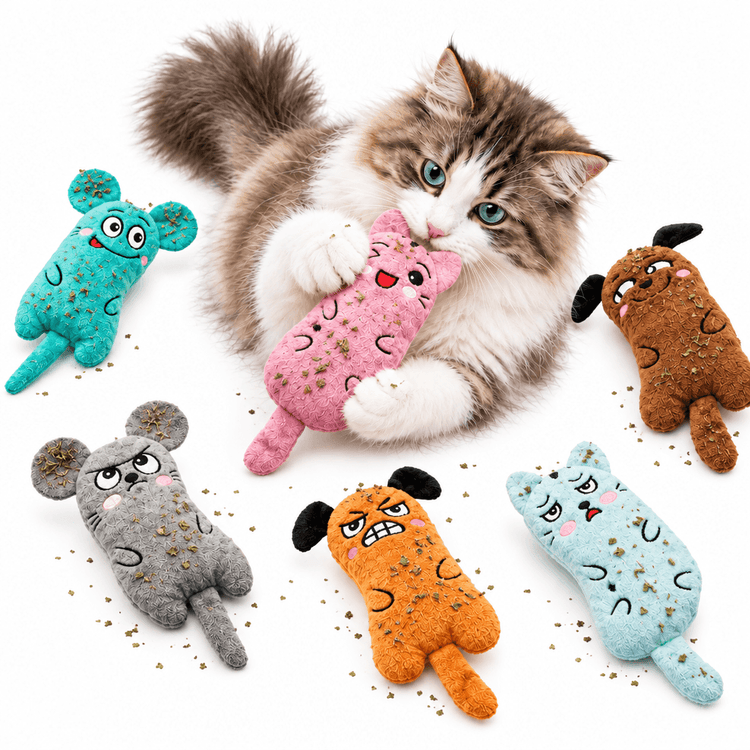 Plush Squeaky Cat Toy in pink, held by a fluffy cat, with colorful soft animal toys featuring embroidered faces and tails