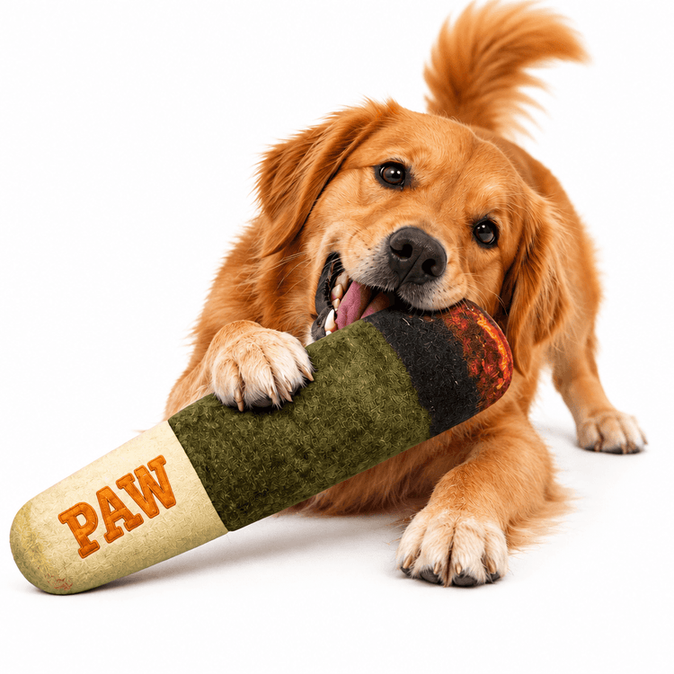Plush Squeaky Toy shaped like a large capsule, with a cream end stamped PAW and textured green and black sections