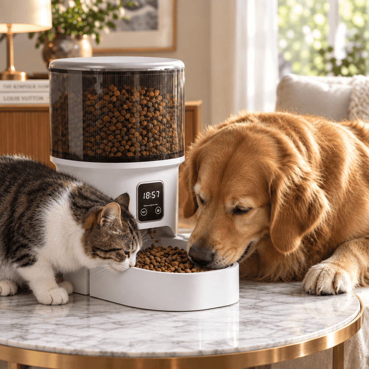 Programmable 4L Automatic Pet Feeder in white with a clear kibble-filled hopper and digital timer, feeding a cat and dog