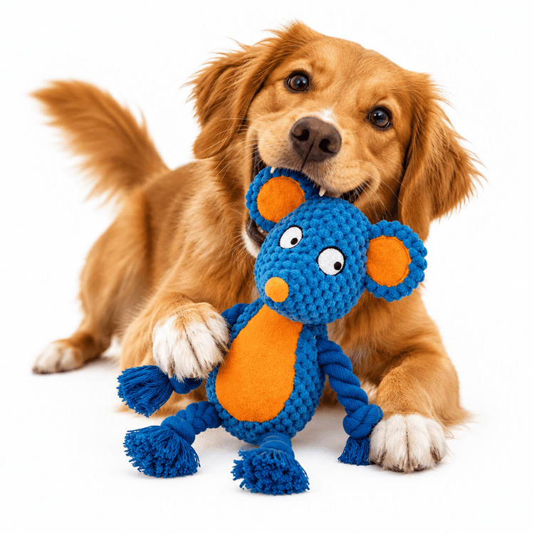Rat Plush Squeak Toy in bright blue textured fabric with orange patches, round ears, stitched eyes and soft knotted limbs