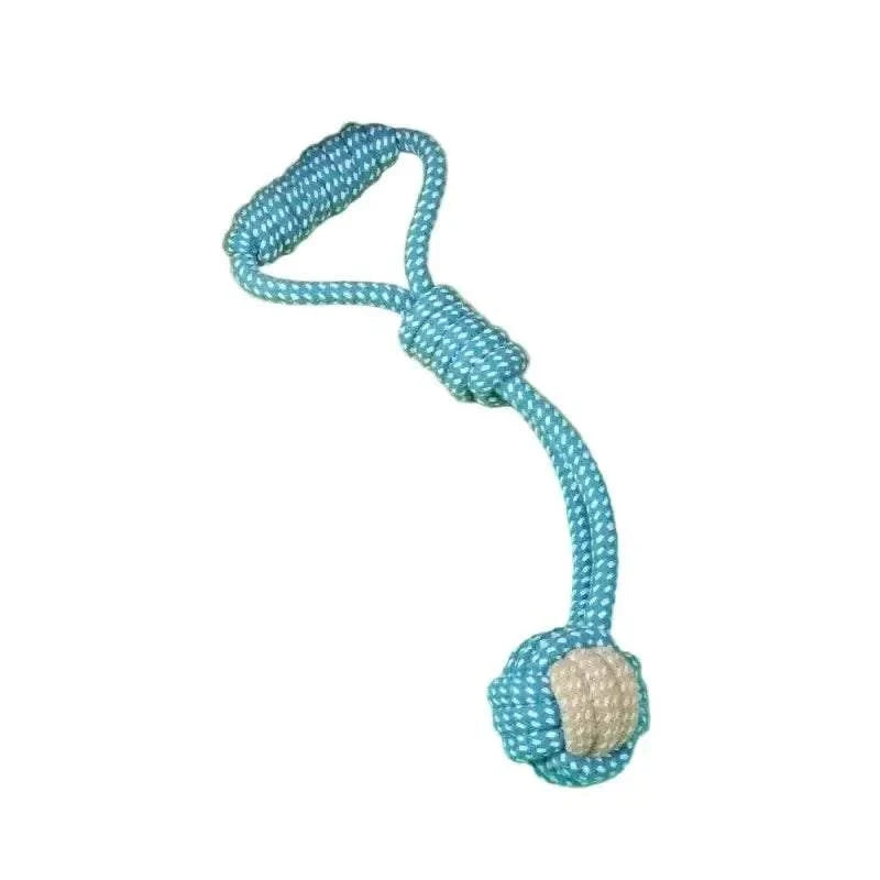 Rope Ball Toy for Dogs in blue woven rope with a loop handle, knotted grip and beige ball center