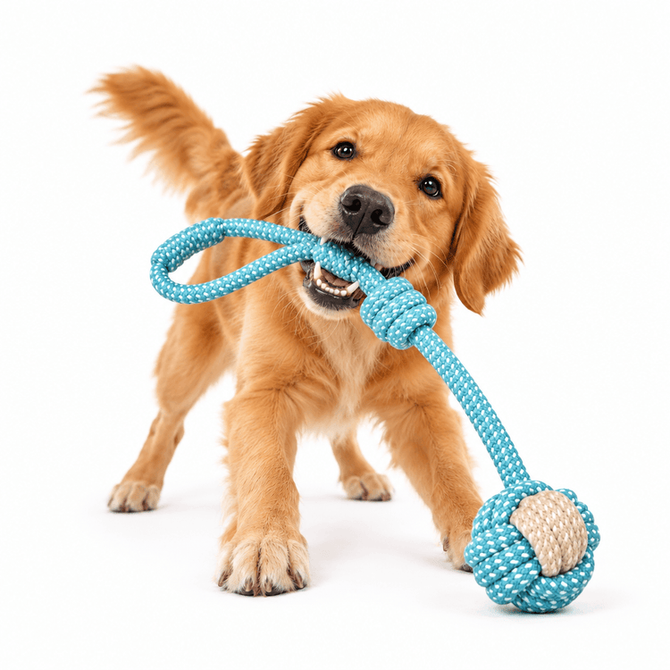 Rope Ball Toy for Dogs in turquoise-and-white braided rope with a loop handle and beige rope ball, held by a golden dog