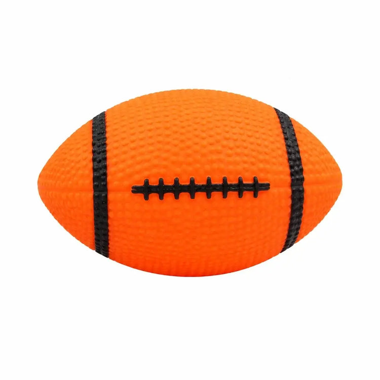Rubber Squeaky Dog Ball Toys in bright orange textured rubber, shaped like a football with black stripes and laces