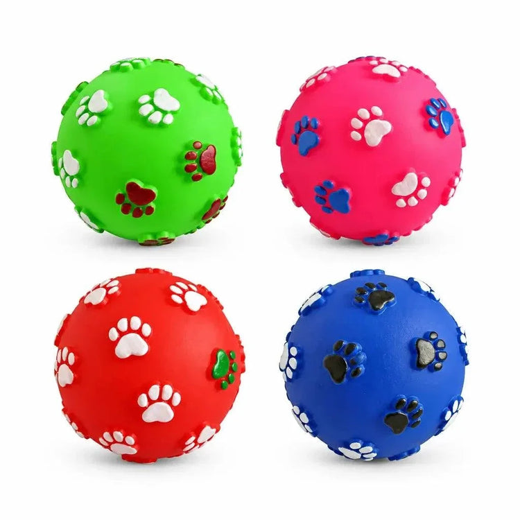 Rubber Squeaky Dog Ball Toys in green, pink, red and blue, with raised paw-print patterns and textured surfaces