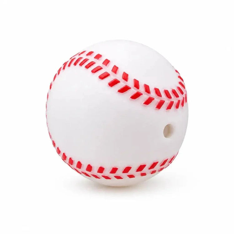 Rubber Squeaky Dog Ball Toys, white rubber ball with red baseball-style stitching and a small squeaker hole
