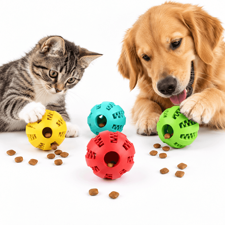 Rubber Treat Feeder toys in yellow, turquoise, red and green rubber, with textured openings and treats beside a cat and dog
