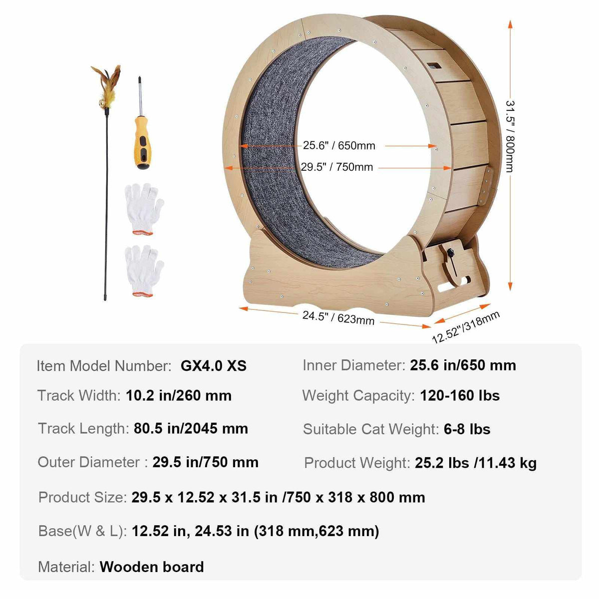 SucceBuy Wooden Cat Exercise Wheel in natural wood with a gray textured running track, base and accessories