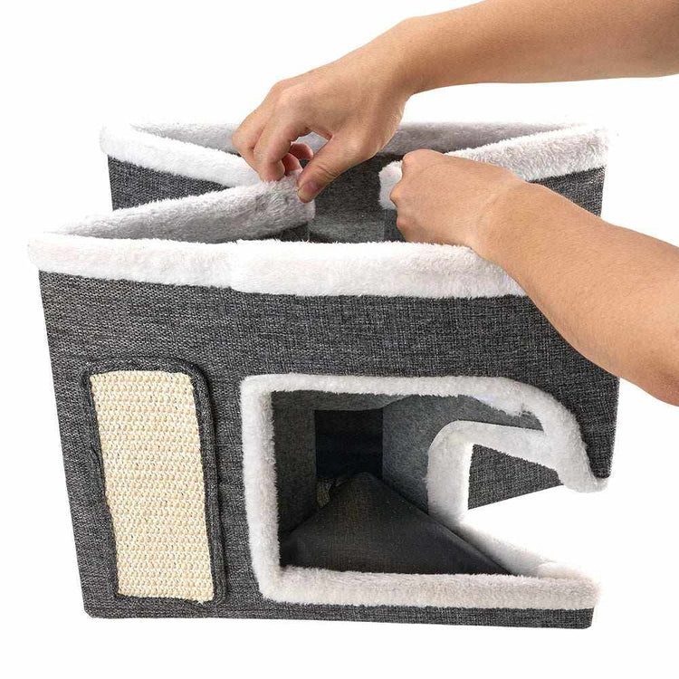 Tieker Double-Decker Foldable Cat House in charcoal grey fabric with white plush trim, two levels and a scratch panel
