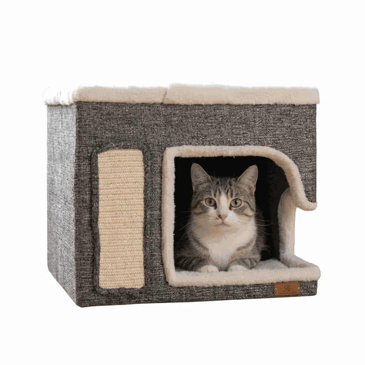 Tieker Double-Decker Foldable Cat House in grey woven fabric with a cream-trimmed opening, scratching panel and cat inside